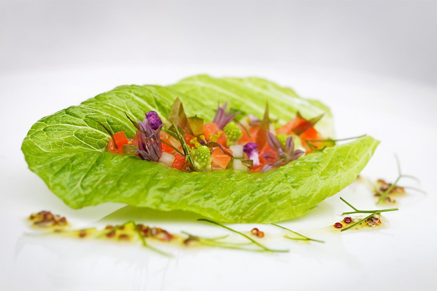 Tartare de saumon et légumes croquants, vinaigrette d’algues à la moutarde ancienne